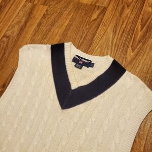Vintage Polo Sport Sweater Vest Men Large White Cable Knit V-Neck Tennis